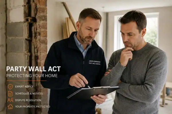 Party wall surveyor Ferndown discussing extension plans with homeowner outside a UK semi-detached house.